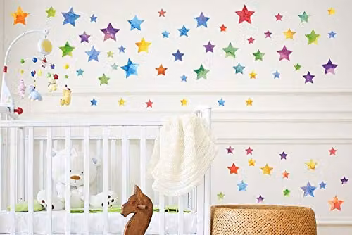 WALPLUS Multicolour Watercolour Star Wall Stickers for Nursery and Playroom, W: 108 cm, H: 73 cm