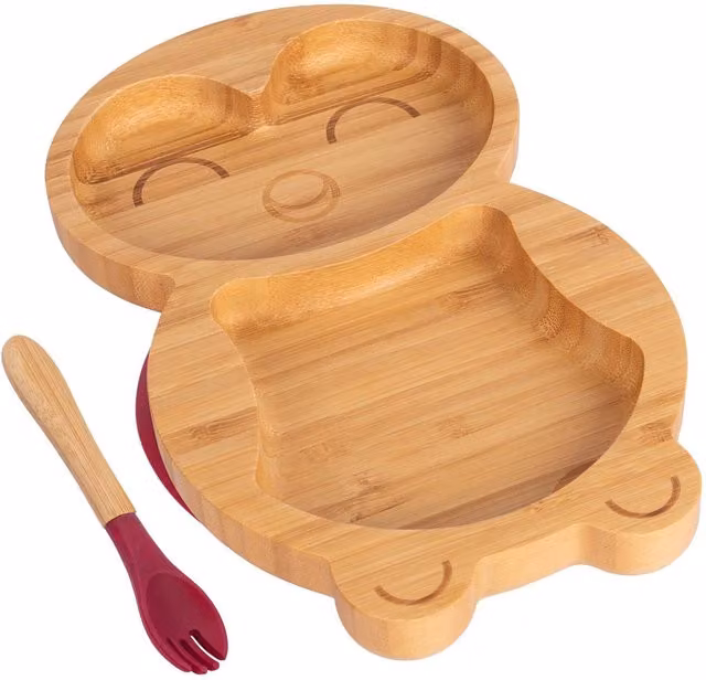 Tiny Dining Bamboo Penguin Baby Weaning Plate and Fork Set in Red and Brown