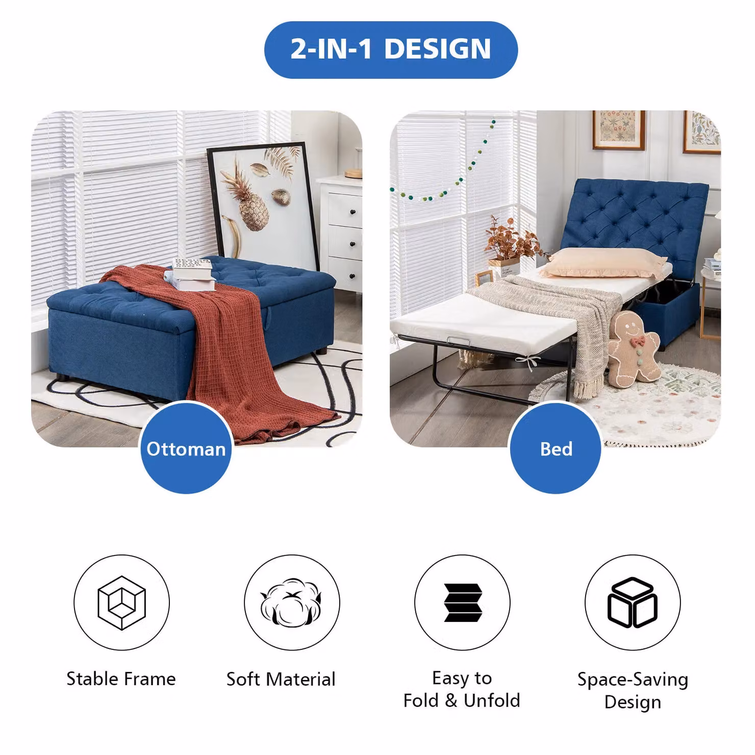 Gymax Convertible Sofa Bed Folding Ottoman Sleeper in Blue – 3