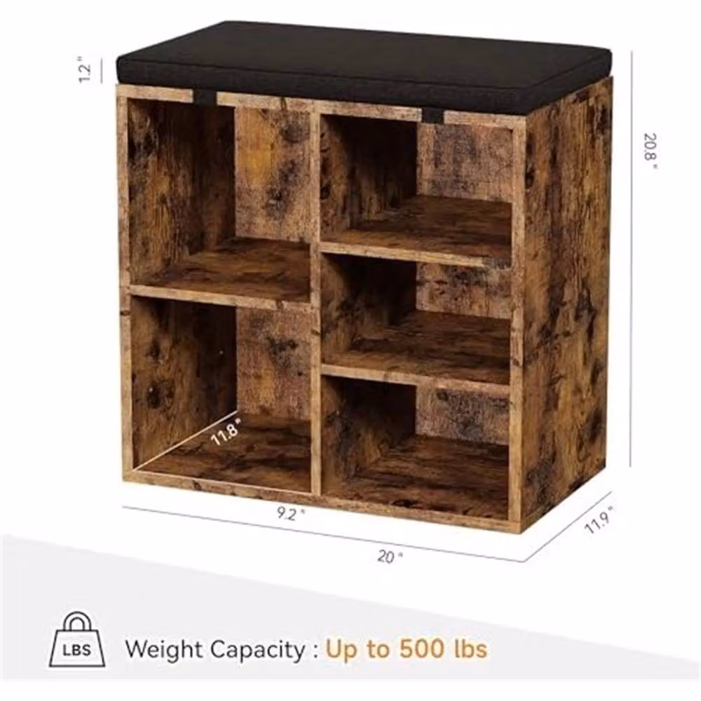 FORGEVIO Brown Industrial Wood Shoe Storage Bench and Rack with Cushion and Adjustable Shelves – 2