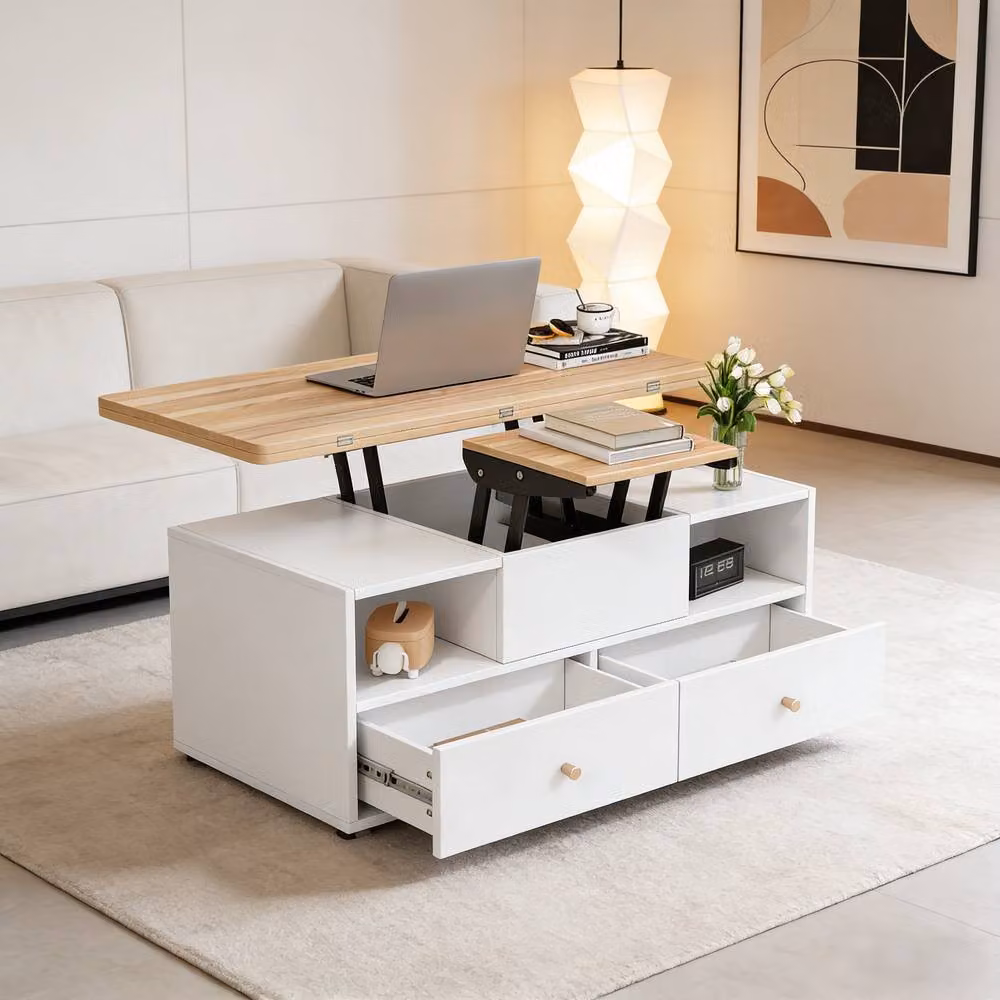 BTM Lift Top Coffee Table with Castors and Height Adjustment, White and Brown – 2