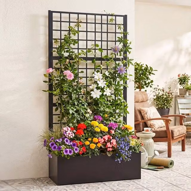 Kelvenix Black Metal Raised Garden Bed with Trellis, W: 90 cm, D: 40 cm, H: 180.5 cm – 1
