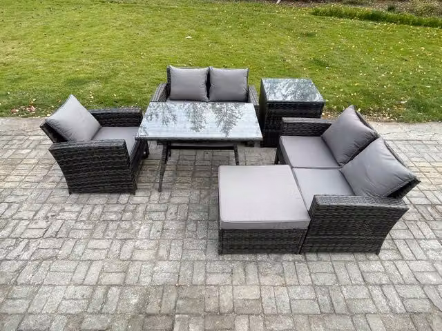 Fimous 6 Seater Grey PE Rattan Garden Dining Set with Rectangular Table, Double Sofa, Footstool and Side Table