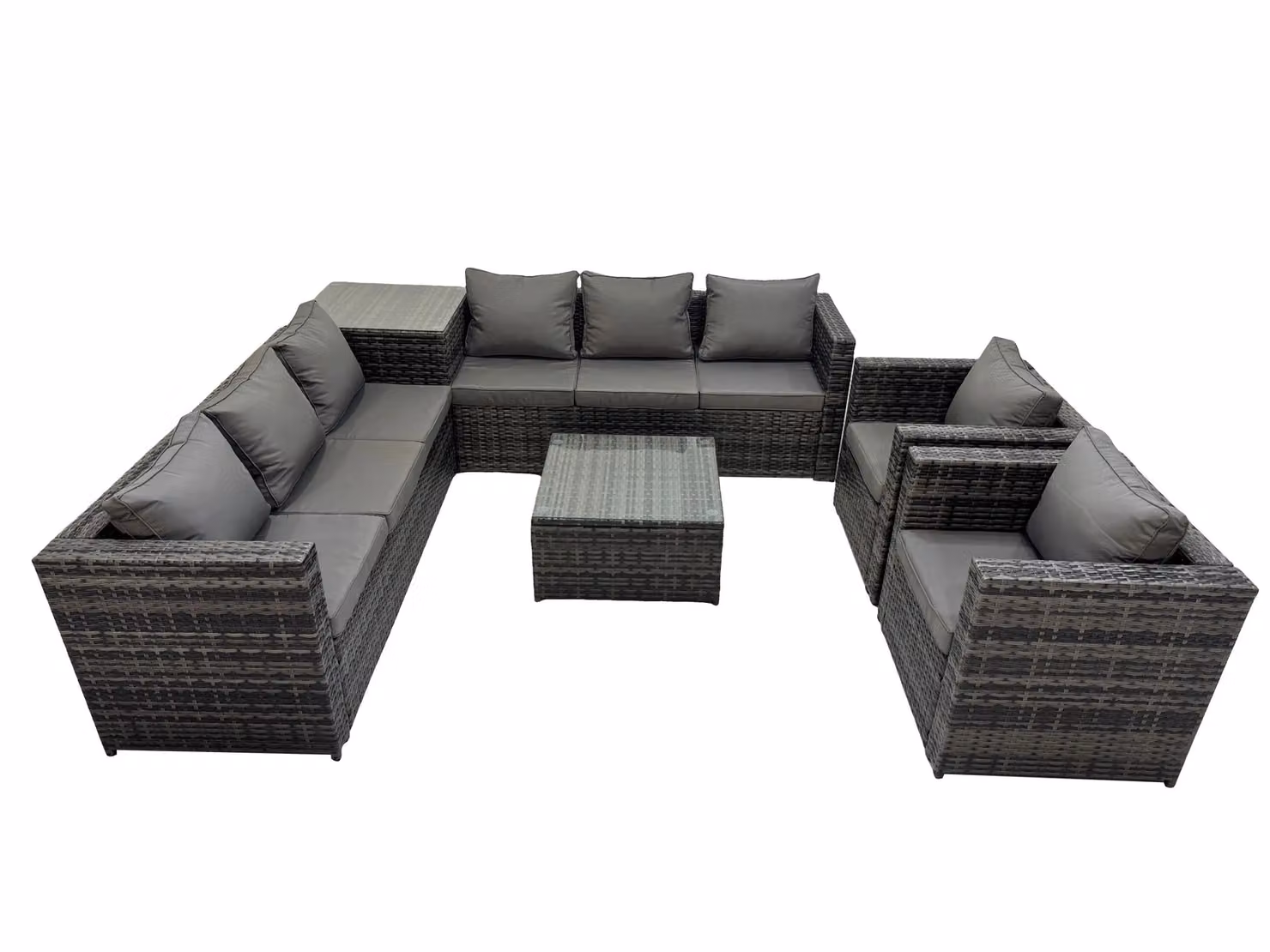 Fimous Grey Rattan L-Shape Corner Sofa Garden Furniture Set with 2 Tables, 2 Chairs and Upholstered Cushions – 2