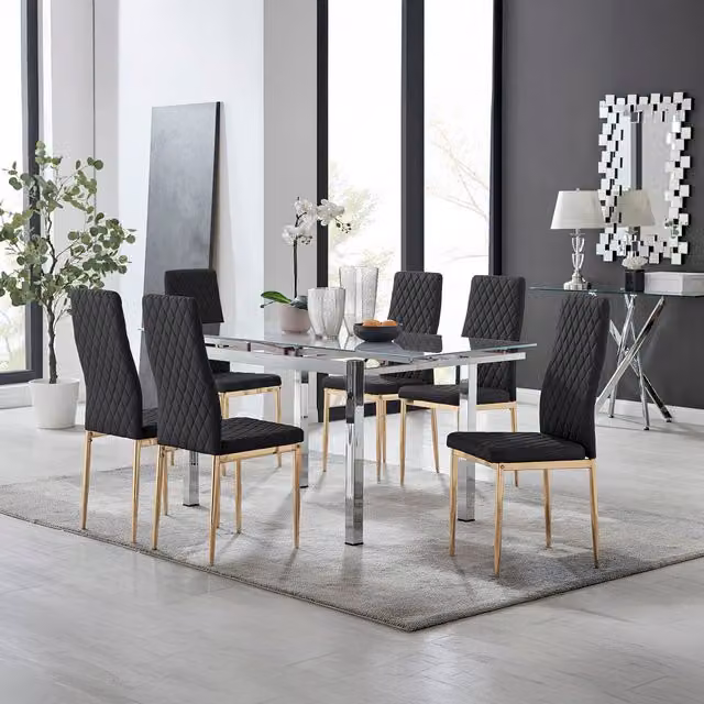 Furniturebox Enna White Glossy Glass Extending Dining Table and 6 Black Milan Chairs with Gold Legs
