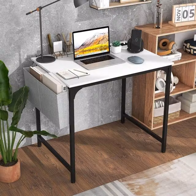 FORGEVIO Modern White Computer Desk with Storage Bag