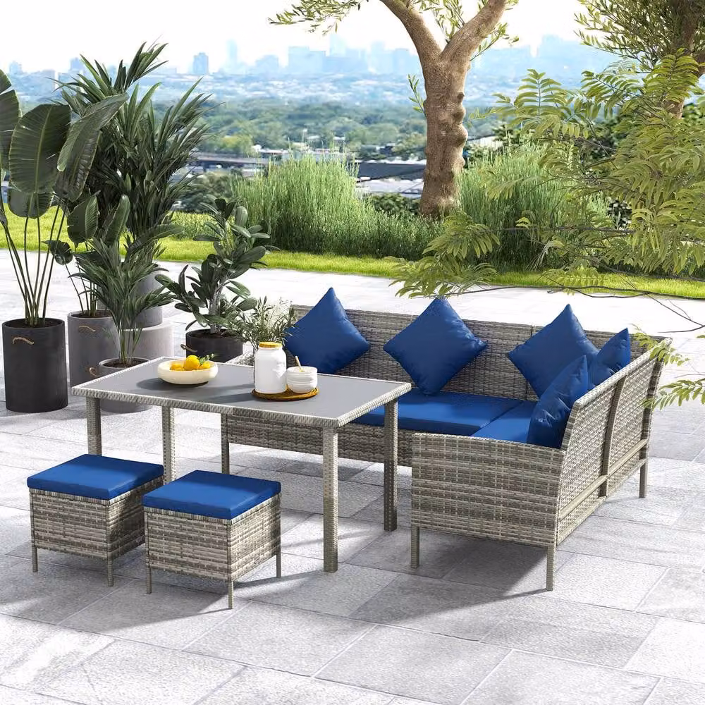 ERGOVEXA 5 Piece Rattan Garden Furniture Set with Dining Table in Blue