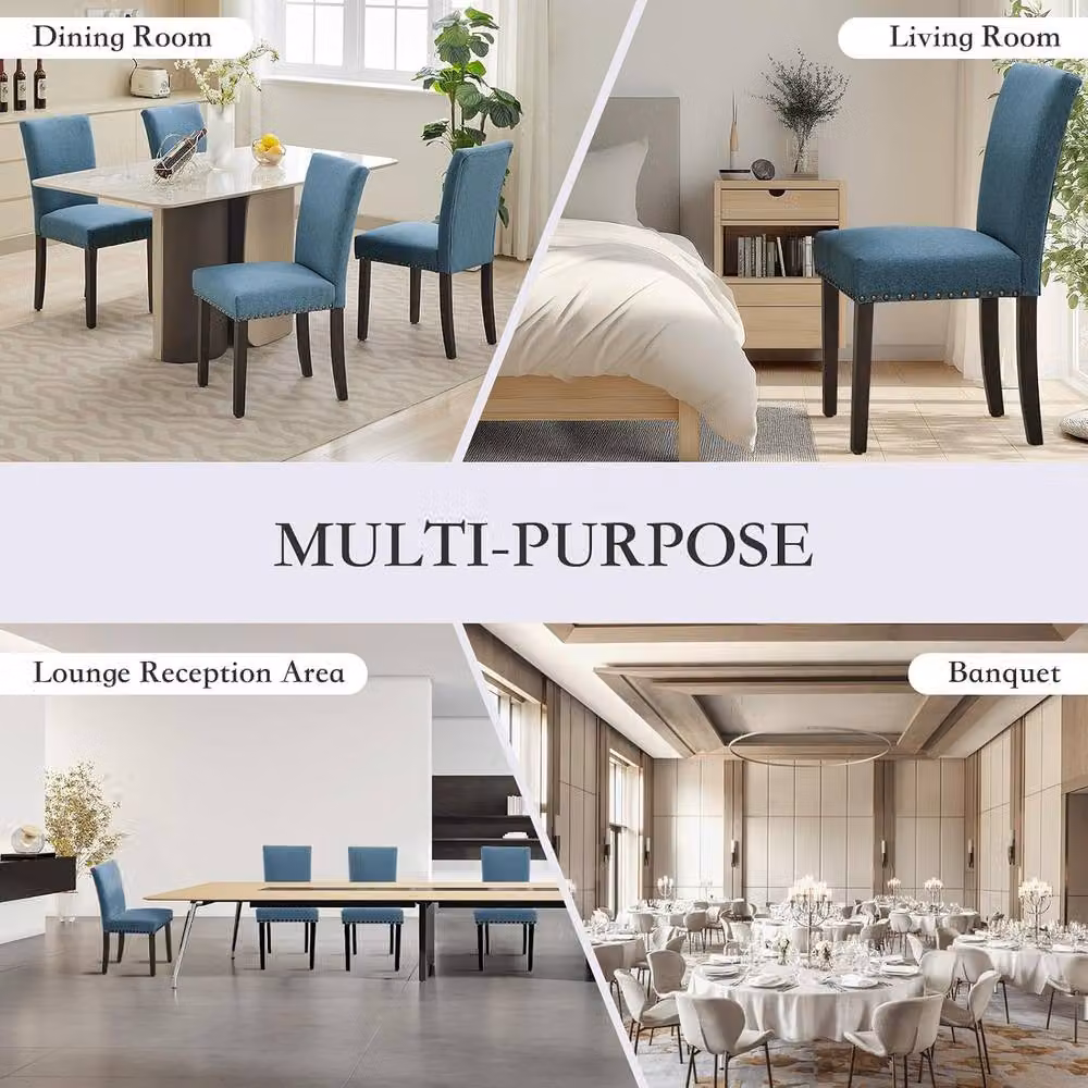 London Boutique Set of 2 Blue Upholstered Armless Dining and Kitchen Chairs with Rubberwood Frames – 6