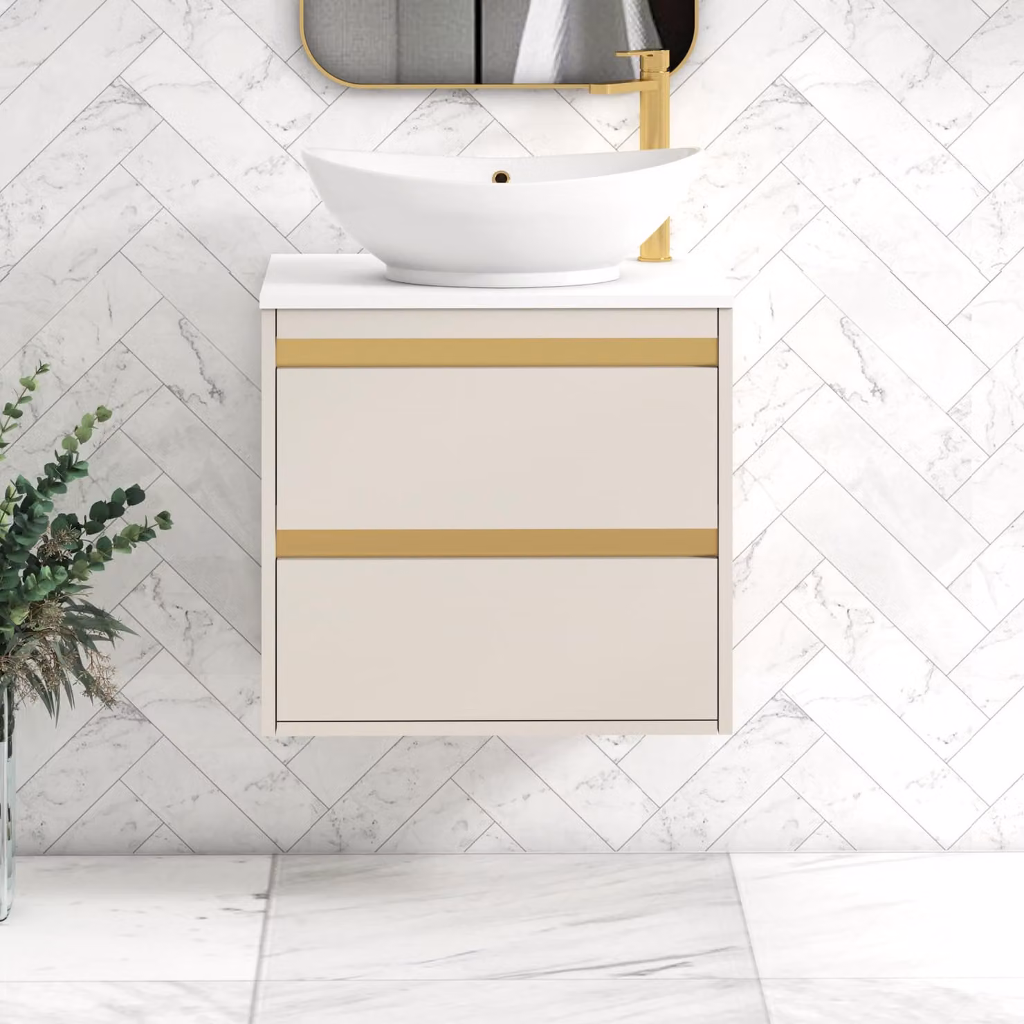 Royal Bathrooms Orion 600mm Warm Taupe Wall Hung Vanity Unit with White Amaze Basin and Brushed Brass Accent Trim