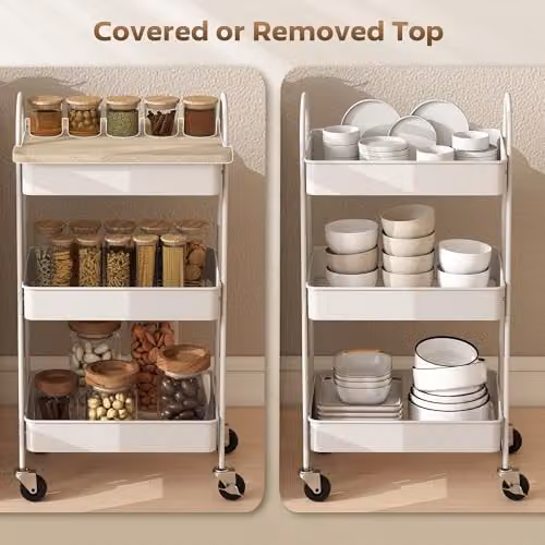 HOMCOM 3-Tier Freestanding Storage Trolley with Covered Top Board in White and Oak, W: 45.0 cm, D: 32.0 cm, H: 77.5 cm – 3