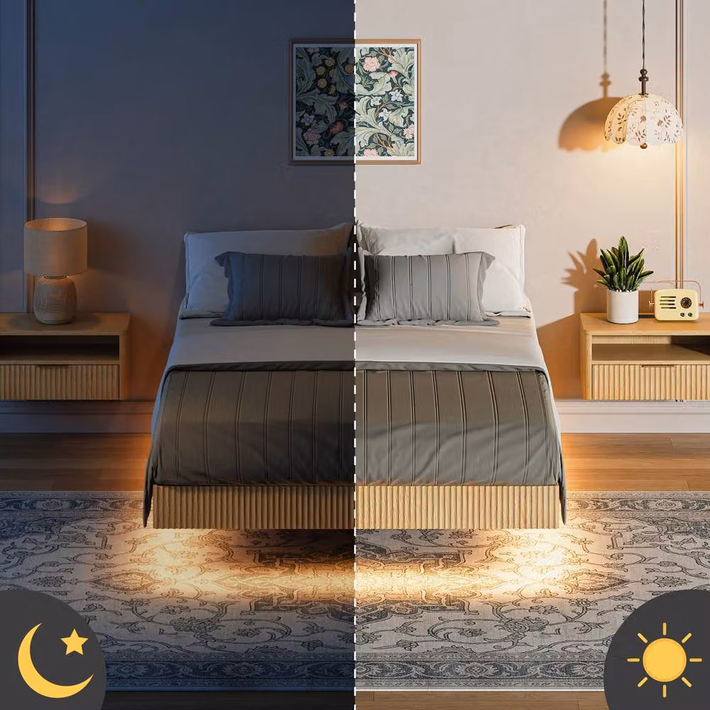 Matteo Modern Floating Bed in Brown Natural Fluted Wood and Metal, W/D/H: 140 x 200 cm – 4