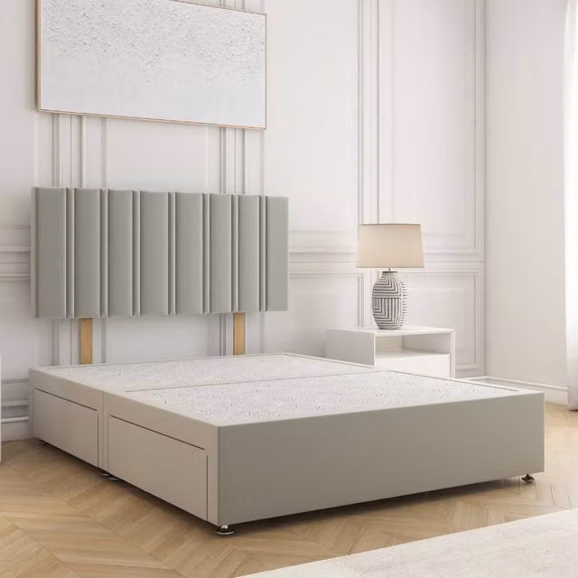 BSSPOKE Sienna Plush Divan Bed with 24 inch Headboard and 2 Drawers in Silver Grey Velvet Fabric, Double, W/D/H: 140 x 200 cm