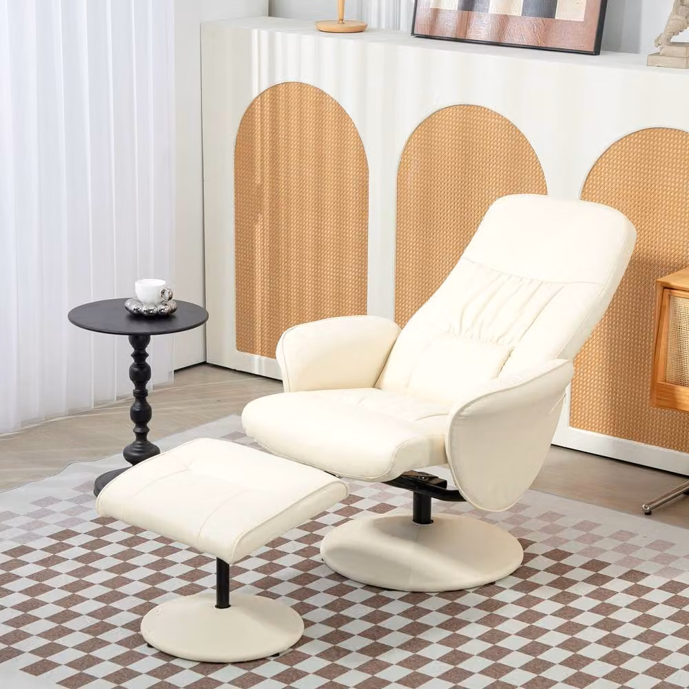STILVORA Swivel Recliner Chair and Ottoman Set in Cream PU Leather with Metal Frame – 2