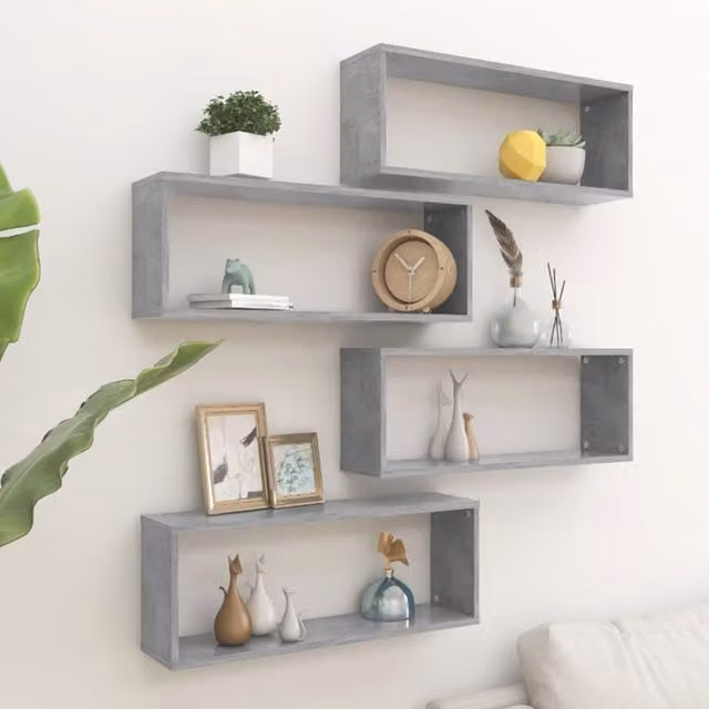 Berkfield Home Wall Mounted Cube Shelf Set of 4 in Concrete Grey, W: 60 cm, D: 23 cm, H: 15 cm