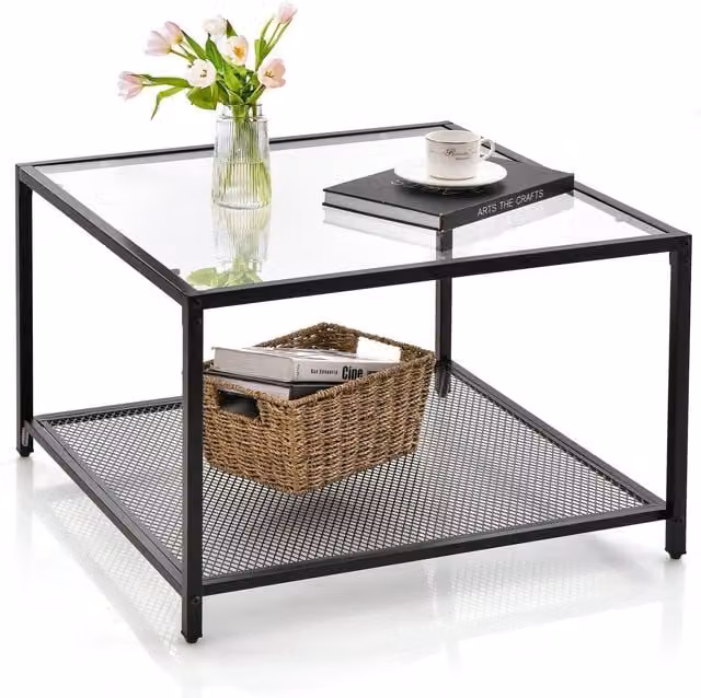 Costway Modern Square Tempered Glass Side Table in Transparent