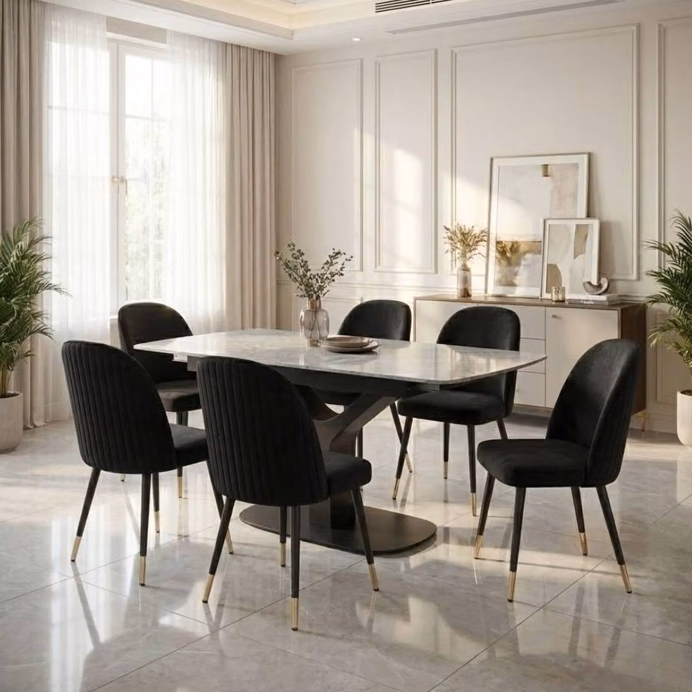 Home Luxe Interior Sapphire Extending Grey Quartz Dining Table and 6 Black Liza Chairs – 3