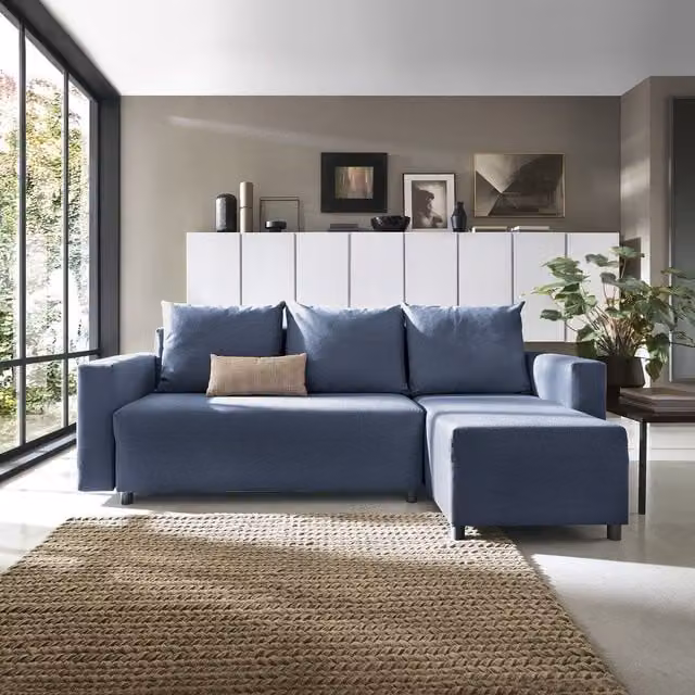 Abakus Direct Oslo Reversible Corner Sofa Bed in Dark Blue Fabric with Sleeping Function and Scatter Cushions – 1