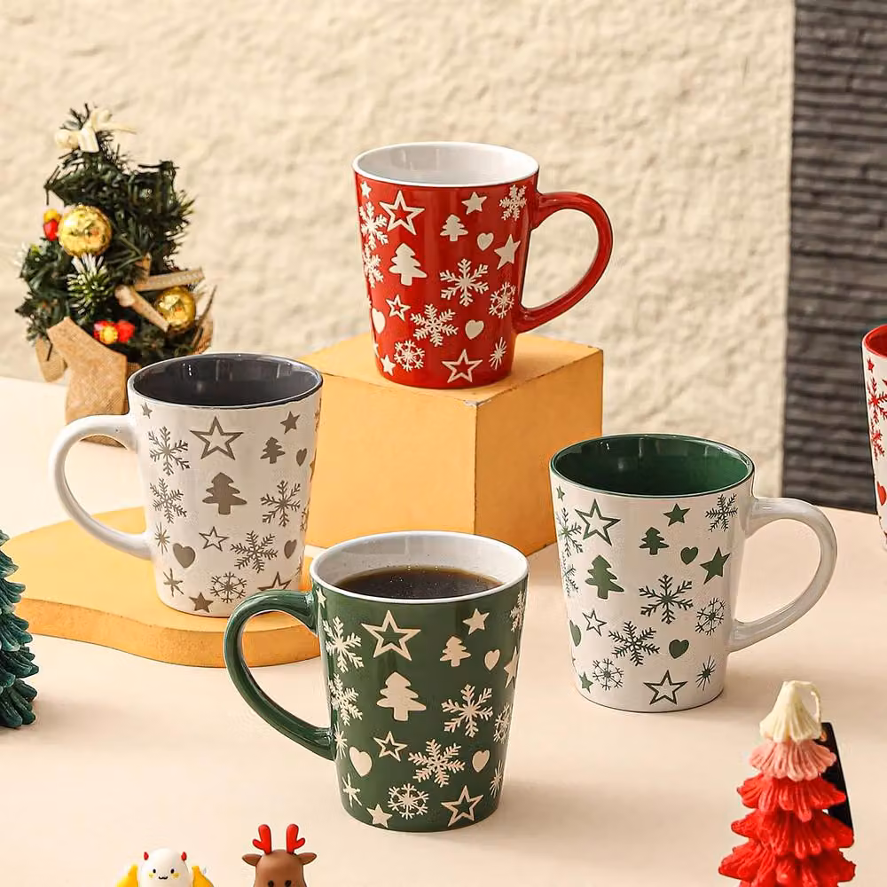 Simpa 6-Piece Christmas Tree and Snowflake Stoneware Mug Set, Multicolour, 350ml per mug – 4
