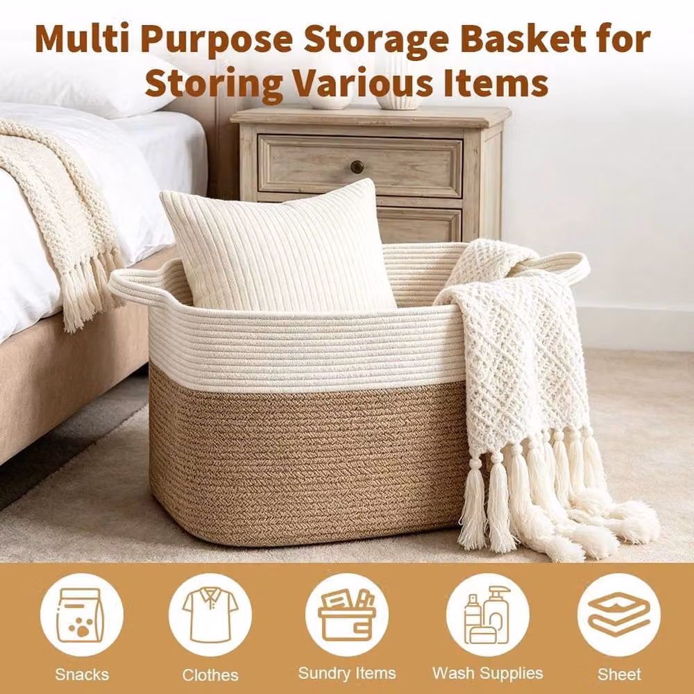 Kelvenix Large Cotton Rope Laundry Basket with Handles, Brown, 65L – 4