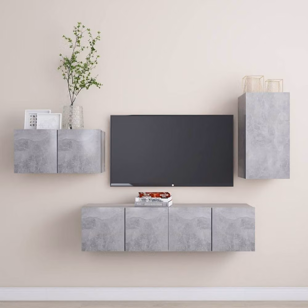 Berkfield Home Practical 4 Piece TV Cabinet Set in Concrete Grey Matt MDF – 1