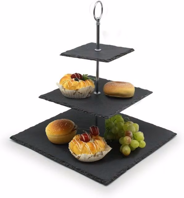 Van Gogh 3-Tier Square Slate Cake Stand in Grey and Silver