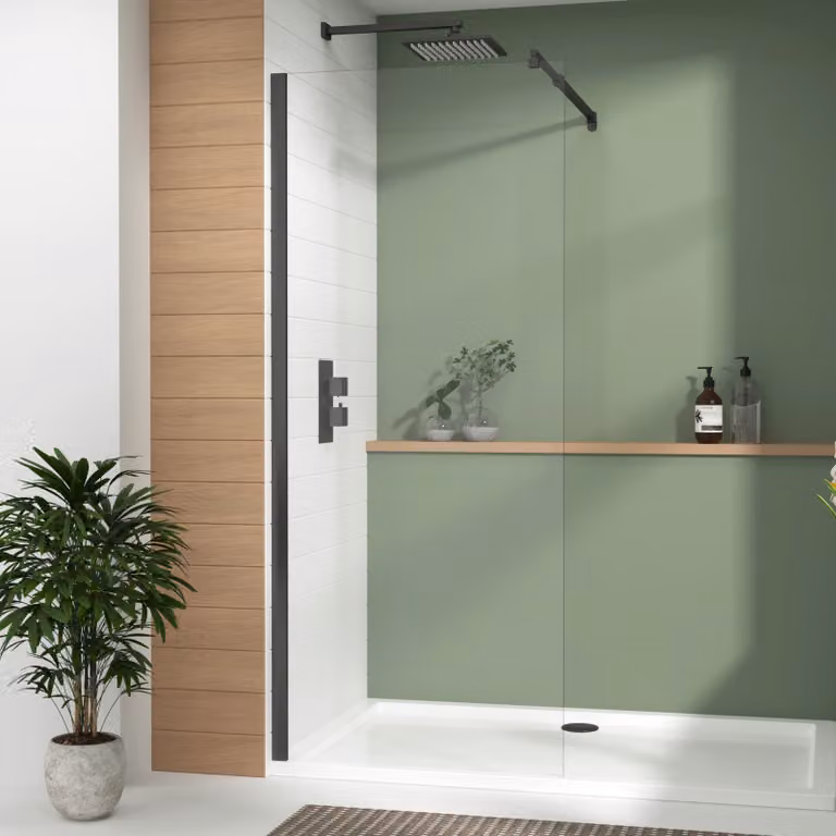 Luton Walk In Wet Room Shower Screen with Top Support Arm, 8mm Easy Clean Clear Glass, Matt Black, Height: 195 cm