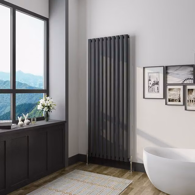 AicaBathroom Vertical Oval Column Radiator in Black, H 160 cm x W 59 cm x D 59 cm