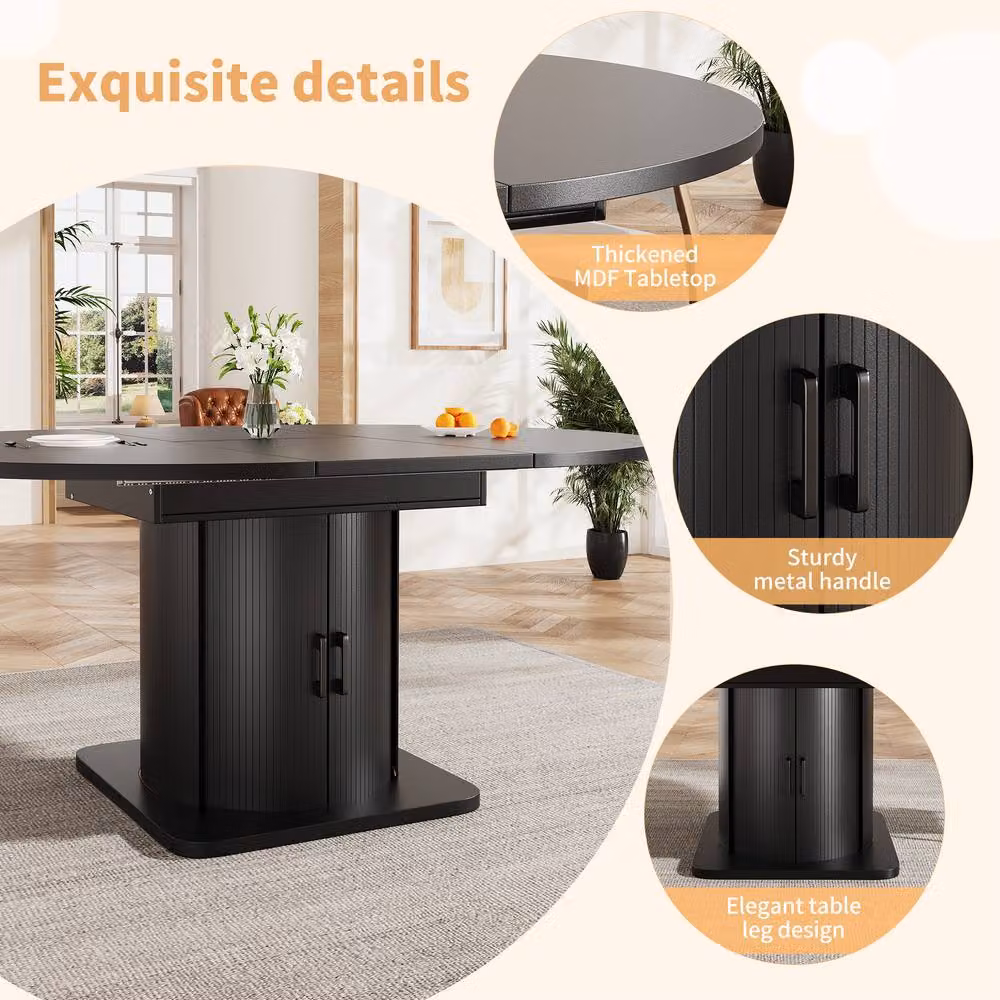 Merax Extendable Round to Oval Wooden Dining Table with Storage Drawer in Black – 4