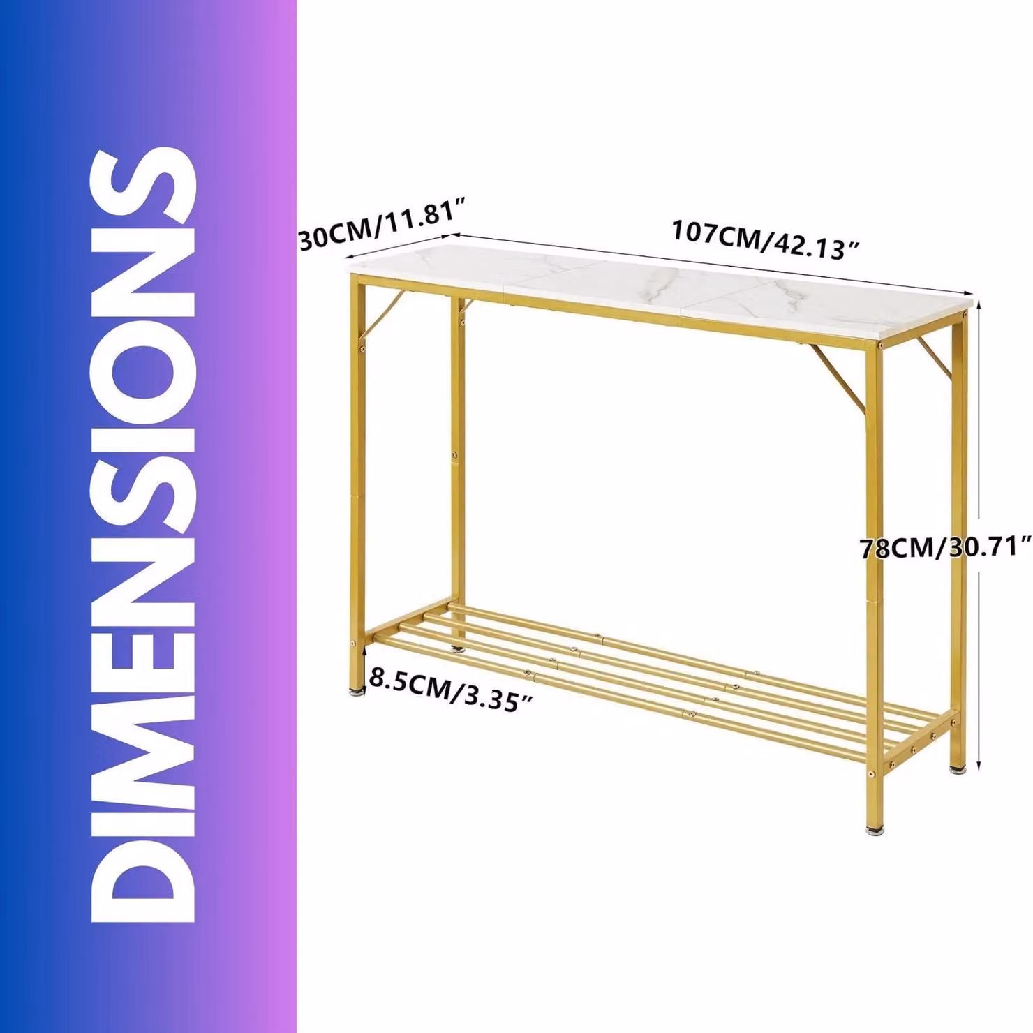 FURNOS 2-Tier Gold and Black Metal Console Table with Rustic Brown Composite Top – 4