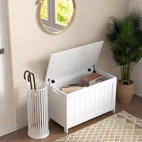HOMCOM Modern Wooden Storage Chest with Soft Close Lid and Safety Hinges, White, W/D/H: 76 x 40 x 48 cm – 2