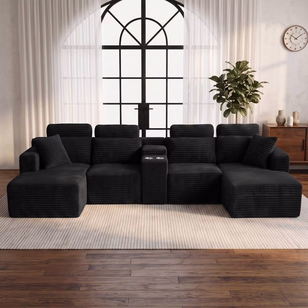 Merax 370cm U-Shape Modular Corner Sofa with Reversible Chaise and Cup Holders in Black Corduroy Velvet – 2