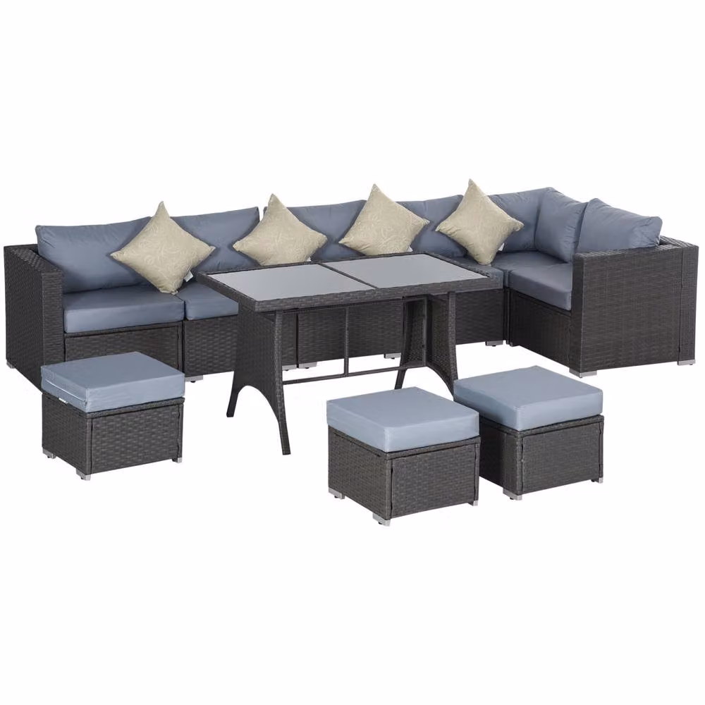 OUTSUNNY 10 Piece Grey Rattan Sofa Set with Table, Stools and Cushions – 2