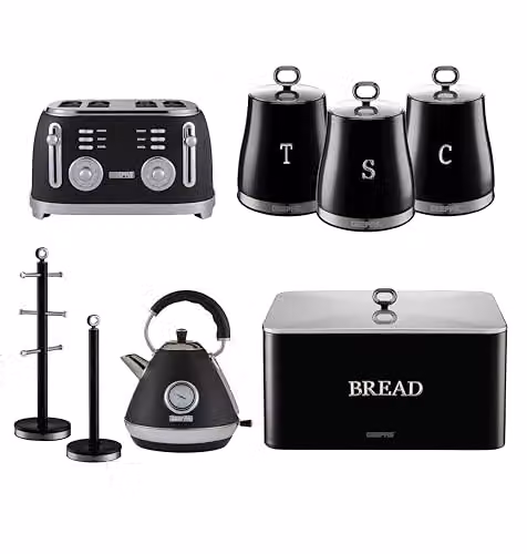 Geepas Retrovive 8-Piece Black Kitchen Set Including 1.7L Electric Kettle, 4-Slice Toaster, 3 Canisters, Bread Bin, Mug Tree and Towel Pole – 3