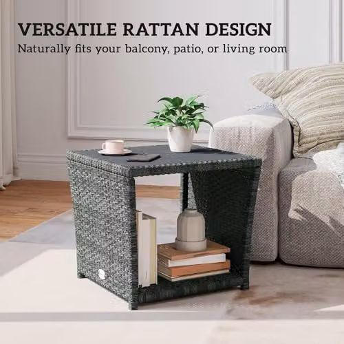 Outsunny 2-Tier Grey PE Rattan Side Table with Storage Shelf – 7