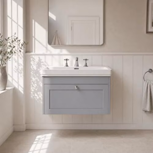 Balterley Wall Hung Grey Vanity Unit with Single Soft Close Drawer and 3 Tap Hole Rectangular Basin, W: 80 cm, D: 45.3 cm, H: 43.1 cm – 2