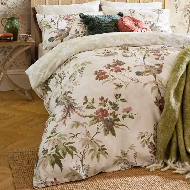 Laura Ashley Attleton Floral Mako Satin Cotton Duvet Cover and Pillowcase Set in Multi Sage Green