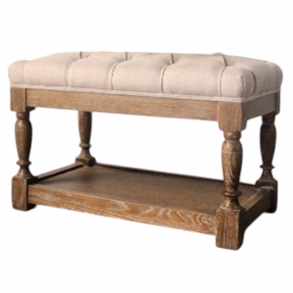 Minster Buttoned Stool with Wooden Frame in Brown and Beige, W: 48 cm, D: 62 cm, H: 37 cm – 2