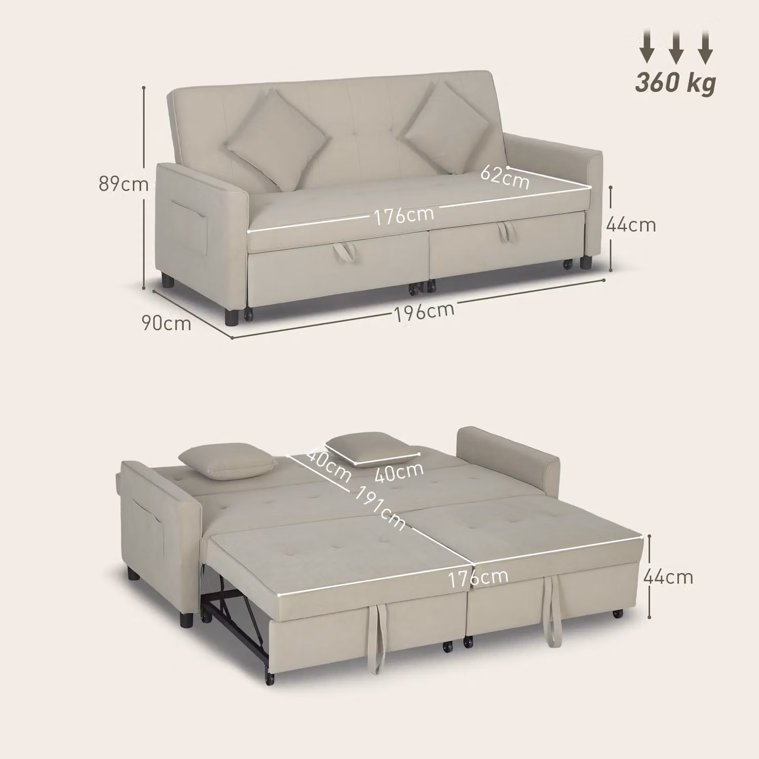 HOMCOM Reversible L-Shaped Velvet Sectional Sofa Bed with Scatter Cushions in Beige – 2