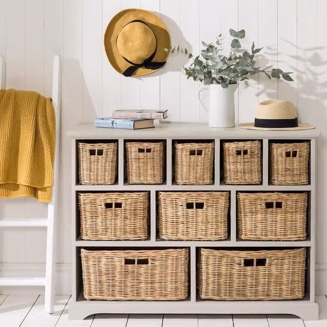 Tetbury Large Storage Unit with 10 Wicker Baskets in Skimming Stone, W/D/H: 105 x 40 x 80 cm