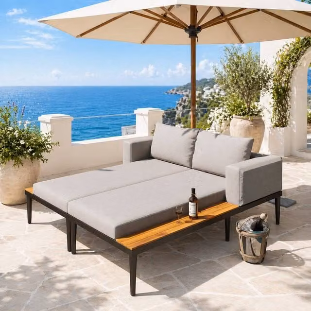 Merax Modular Outdoor Daybed Set Double Sun Lounger with Side Panels in Grey – 1