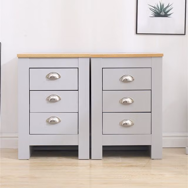 HMD Furniture Pair of 2 Grey Bedside Tables with 3 Drawers
