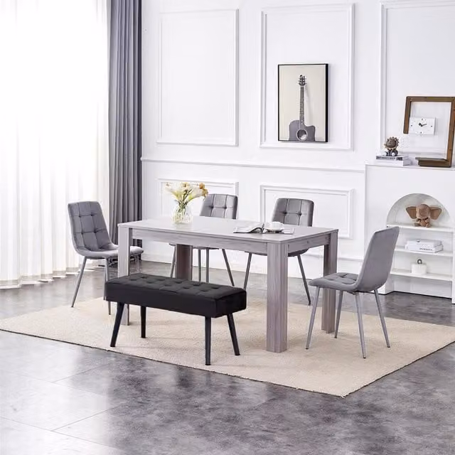 Kosy Koala Modern Dining Set with Rectangular Wood Table, 4 Grey Velvet Chairs and Bench in Black