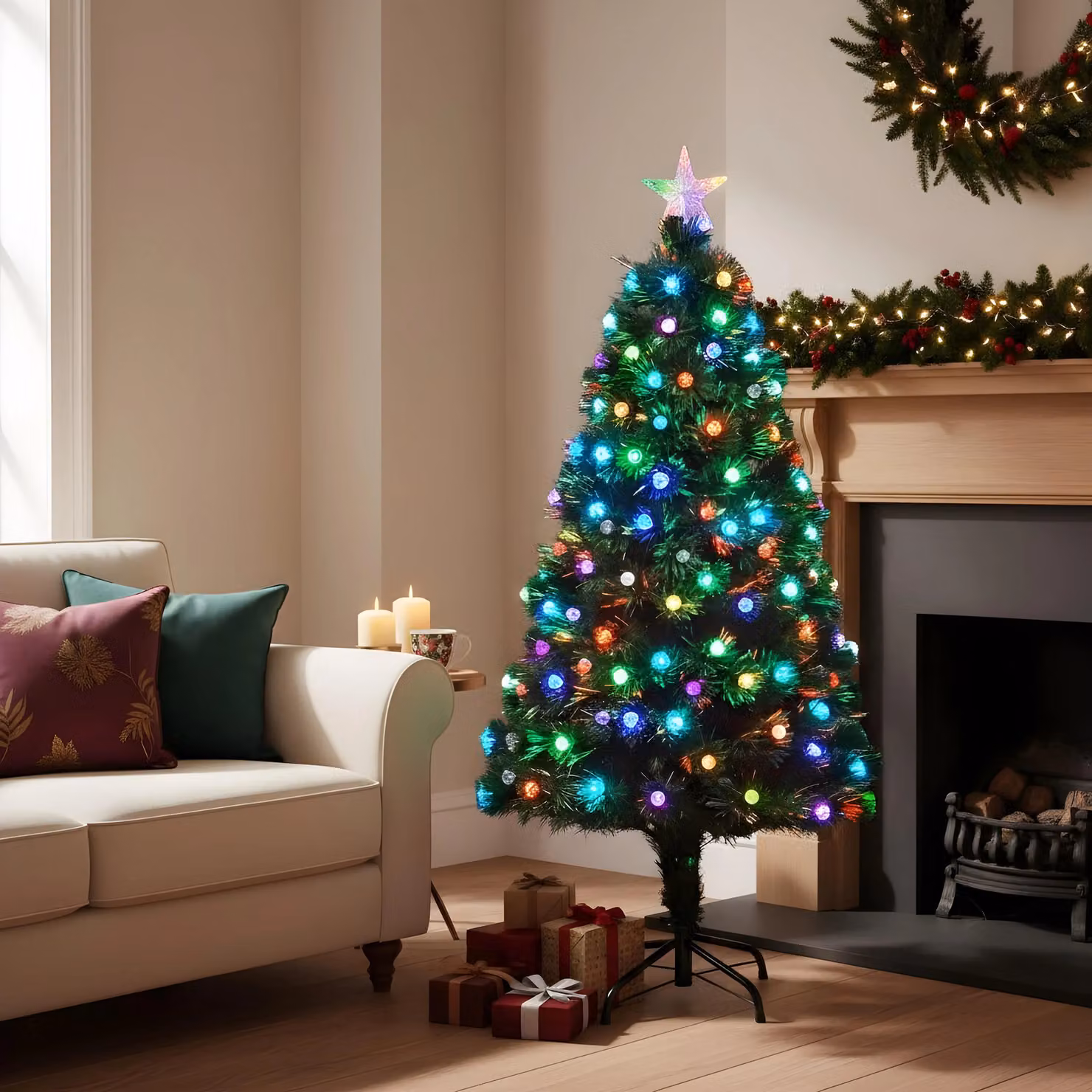 Shatchi Diamonds Fibre Optic LED Pre-Lit Christmas Tree in Green with Multicolour Lights, Height: 90 cm – 3