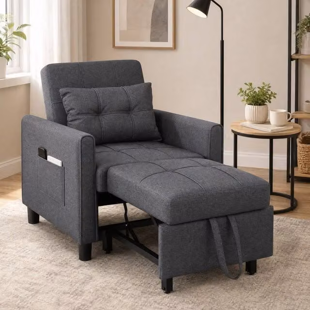 STILVORA Grey Fabric Chair Bed with Three-Position Back and Armrests – 1