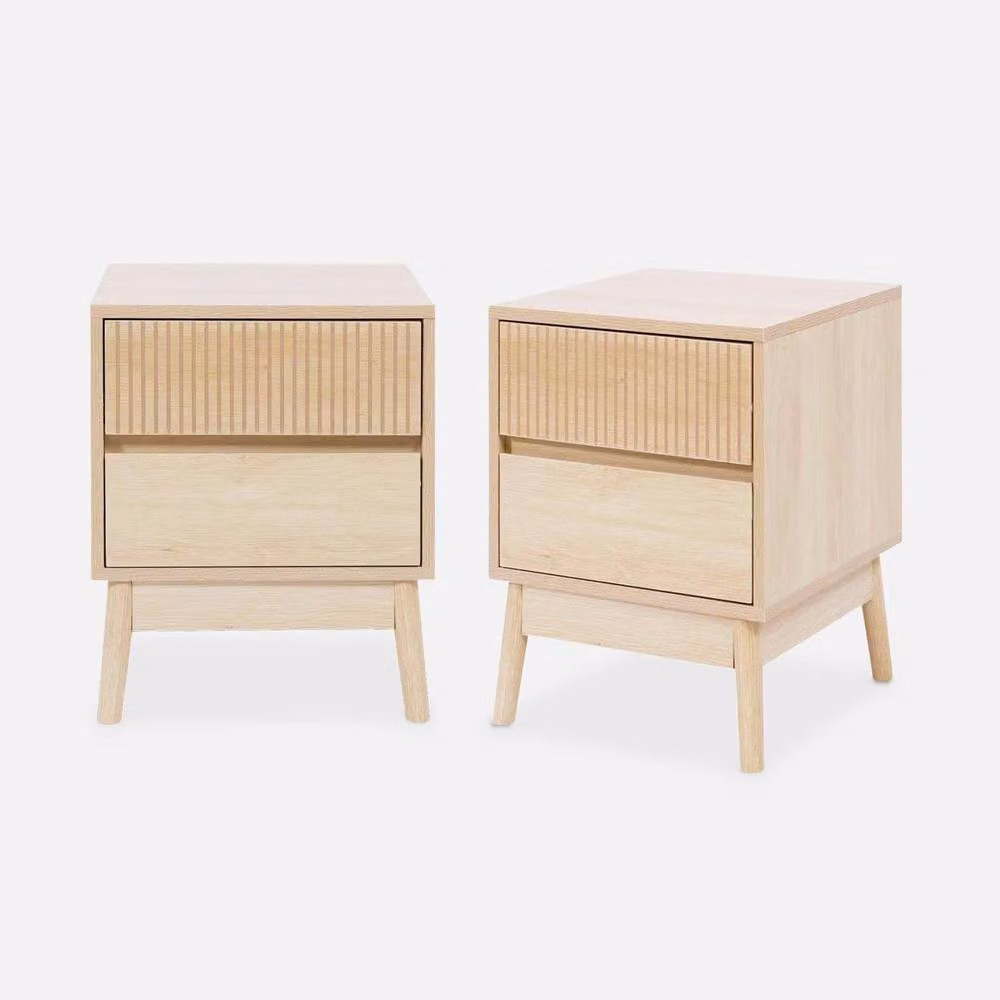 Sweekeec Pair of Grooved Scandinavian Style Bedside Tables in Light Brown Wood Effect – 2
