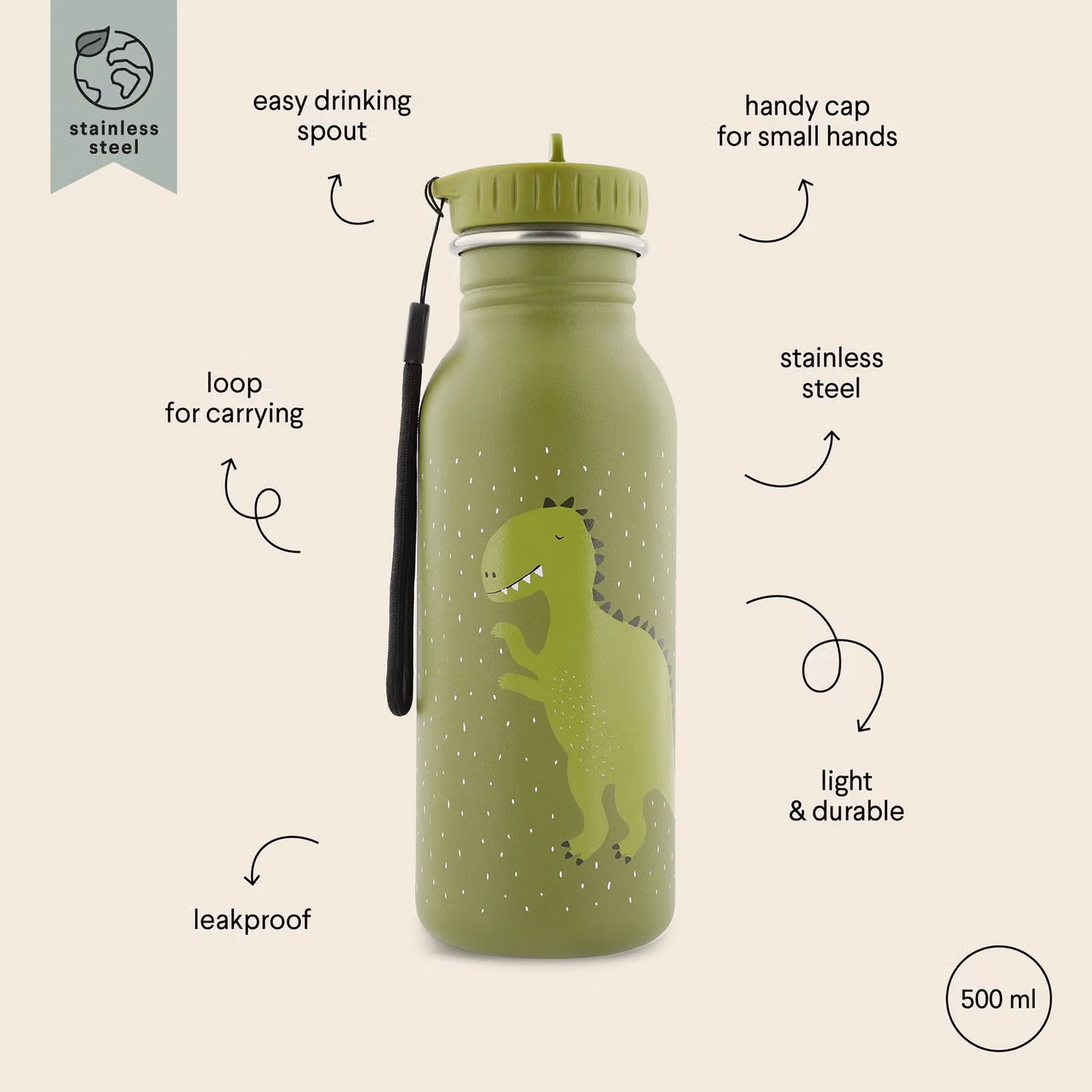 Trixie Mr. Dino Stainless Steel Leakproof Childrens Water Bottle, Green, 500 ml – 2
