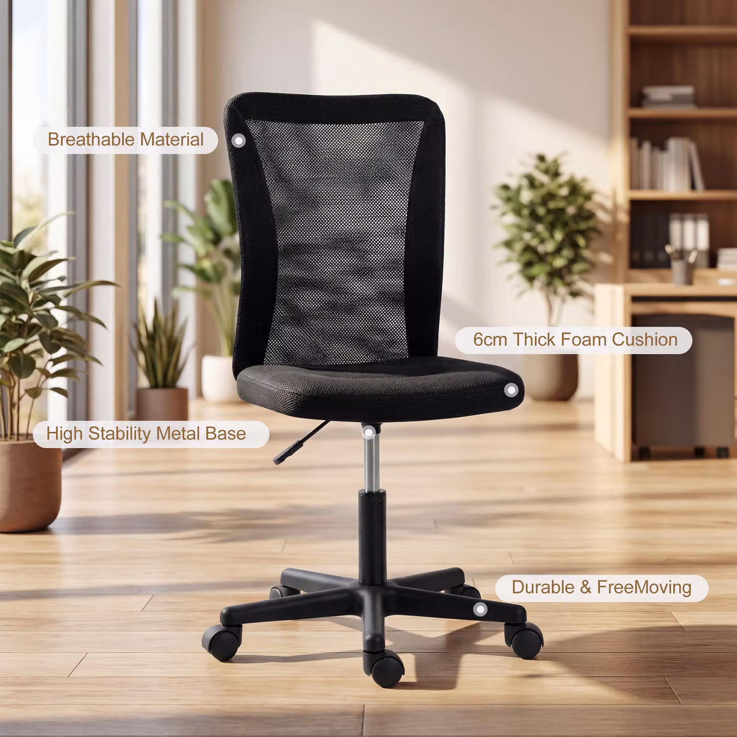 Vinsetto Black Fabric Task Chair with Swivel and Castors – 4