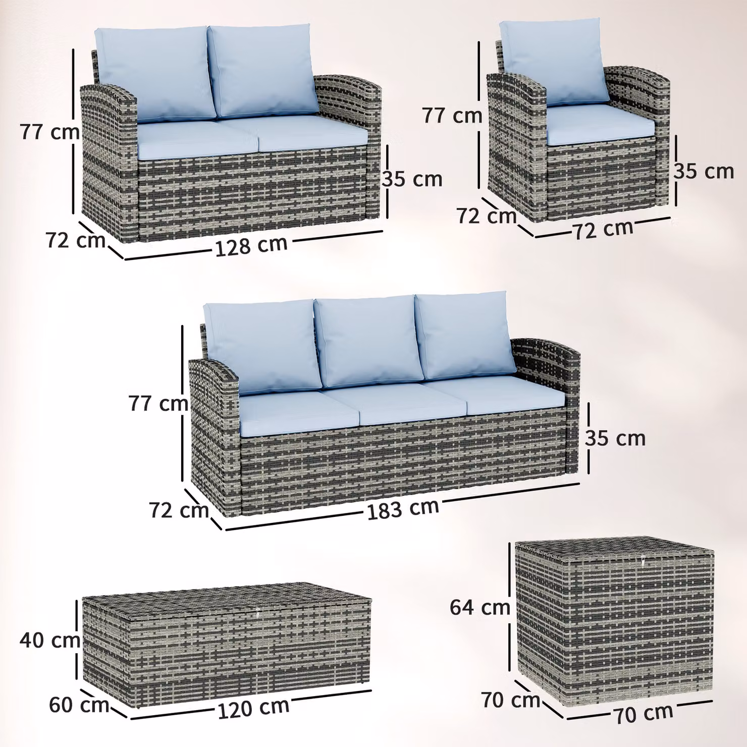 Outsunny 6 Piece Grey Rattan Garden Furniture Set with Upholstered Cushions, L-Shape Sofa, Armchairs and Coffee Table – 3