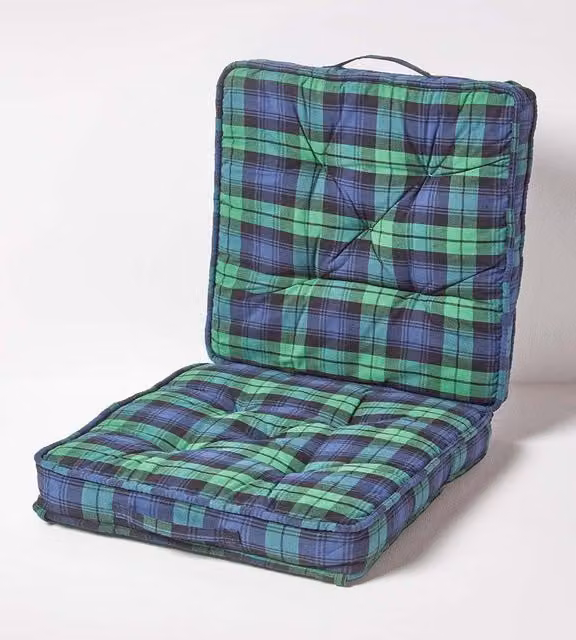 Homescapes Green and Blue Tartan Cotton Travel Booster Cushion, Firm Square Seat Pad and Backrest, W/D/H: 50 x 50 x 10 cm – 1