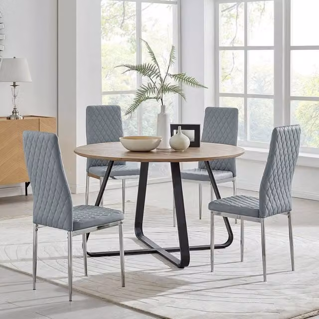 FurnitureboxUK Santorini Brown Wood Round Dining Table and 4 Milan Grey Chairs Set, Diameter: 120 cm